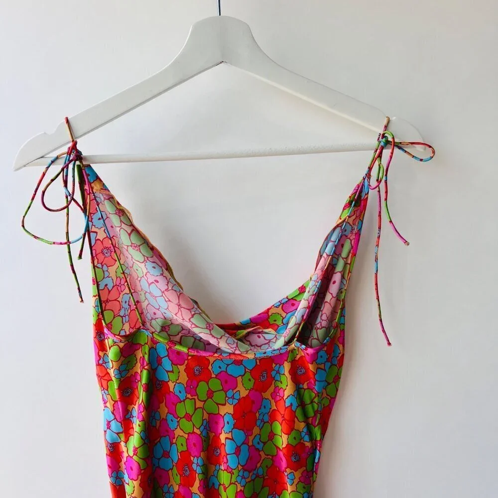 Frankies Bikinis Doll Face Silk Dress, multi color floral print, Size S O38